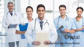  Presentation with confident - Colorful presentation design enhanced with lab coat - portrait of confident doctors backdrop and a light blue colored foreground