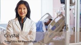  Presentation with patient and doctor - Slide deck featuring lab coat - portrait of female doctor background and a coral colored foreground