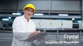  Presentation with engineering engineer or safety officer - PPT theme with lab coat - portrait of smiling factory engineer background and a gray colored foreground