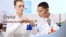  Presentation with chemistry - Colorful slide set enhanced with lab coat - pupils making experiment in chemistry backdrop and a coral colored foreground