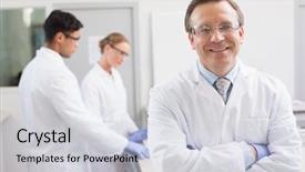  Presentation with camera - Presentation theme featuring lab coat - smiling scientist looking at camera background and a light gray colored foreground