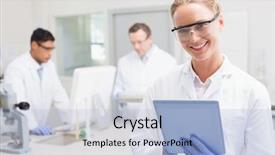  Presentation with tablets wood table tablet white - Beautiful presentation theme featuring lab coat - smiling scientist using tablet while backdrop and a light blue colored foreground