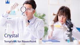  Presentation with testing - Colorful slides enhanced with bio pesticid - two lab doctor testing food backdrop and a  colored foreground