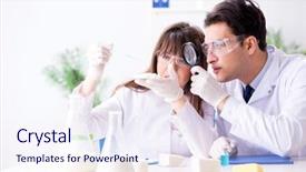  Presentation with testing - Presentation theme featuring microbology cheese - two lab doctor testing food background and a  colored foreground