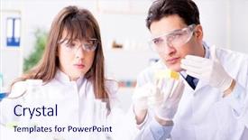  Presentation with electronic product innovation lab - Slides enhanced with microbology cheese - two lab doctor testing food background and a  colored foreground