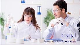  Presentation with electronic product innovation lab - Slide set consisting of bio pesticid - two lab doctor testing food background and a lemonade colored foreground