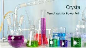  Presentation with laboratory equipment - Amazing slide set having lab equpment - laboratory equipment with colored liquids backdrop and a sky blue colored foreground