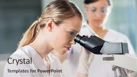  Presentation with microscope - PPT theme having lab hospital - young female technician looking background and a  colored foreground