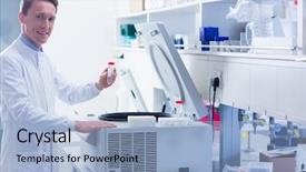  Presentation with test tube laboratory - Amazing slide deck having lab research - smiling chemist holding a test backdrop and a light blue colored foreground