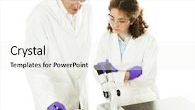  Presentation with intern - Slides enhanced with lab tech and college intern analyzing samples and writing down findings isolated on white background and a sky blue colored foreground