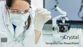  Presentation with female leader social media - Beautiful PPT theme featuring lab testing - female medical research scientist backdrop and a soft green colored foreground