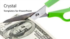  Presentation with dollar - Theme featuring labor cost - dollar currency notes and scissors background and a white colored foreground