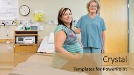  Presentation with labor delivery - Audience pleasing presentation design consisting of labor delivery - portrait of happy mature female backdrop and a coral colored foreground