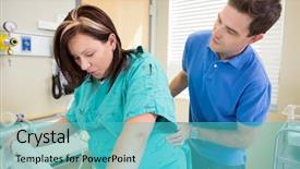  Presentation with labor delivery - Slide set consisting of labor delivery nurse - mid adult man looking background and a teal colored foreground