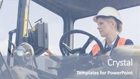  Presentation with forklift - Cool new presentation theme with female worker operating forklift truck in shipping yard backdrop and a mint green colored foreground