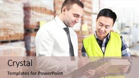  Presentation with cardboard - Slides consisting of labor management - manager and worker with cardboard background and a coral colored foreground