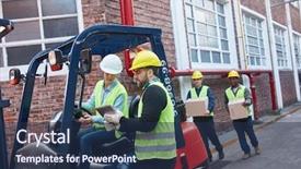  Presentation with forklift - Audience pleasing slide deck consisting of labor department - warehouse workers with parcels backdrop and a ocean colored foreground