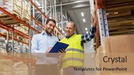  Presentation with wholesale - Amazing PPT theme having worker and businessman with clipboard backdrop and a coral colored foreground