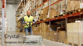  Presentation with wholesale - Theme featuring wholesale logistic loading shipment and people concept - man carrying loader with goods at warehouse background and a coral colored foreground
