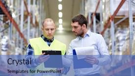  Presentation with export - Beautiful slide set featuring export shipping documents - worker and businessmen with clipboard backdrop and a teal colored foreground