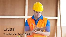  Presentation with work the word in your life - Presentation theme having labor management - self-assured male worker writing background and a coral colored foreground