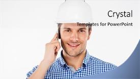  Presentation with building - Amazing PPT theme having labor mobility - happy young man building engineer backdrop and a white colored foreground