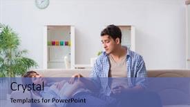  Presentation with pregnant labor - Slide set consisting of labor mobility - pregnant woman with husband background and a ocean colored foreground