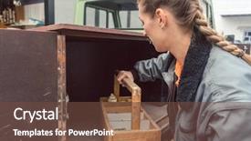  Presentation with workshop tools - Audience pleasing slide set consisting of labor mobility - woman carpenter loading tools backdrop and a tawny brown colored foreground