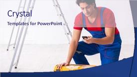  Presentation with contractor - Beautiful presentation design featuring labor mobility - young handsome contractor working indoors backdrop and a sky blue colored foreground