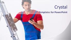  Presentation with working togheter kids - Colorful slides enhanced with labor mobility - young handsome contractor working indoors backdrop and a sky blue colored foreground