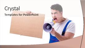  Presentation with angry construction workers - PPT theme featuring labor strike - angry construction supervisor yelling background and a sky blue colored foreground