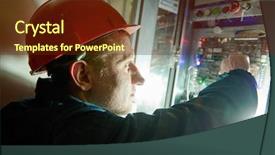  Presentation with accident - Cool new slides with laboral accident - electrician works with electronic equipment backdrop and a tawny brown colored foreground