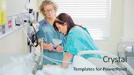  Presentation with labor delivery - Presentation design consisting of mature female nurse giving nitrous background and a light blue colored foreground