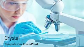  Presentation with laboratory - Amazing PPT theme having laboratoire chimique - female scientist working on experiments backdrop and a light blue colored foreground