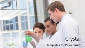  Presentation with laboratory chemical - Presentation theme consisting of laboratoire chimique - scientists analyzing beakers with chemical background and a sky blue colored foreground