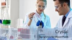  Presentation with chemical experiment - Presentation design with laboratoire chimique - two young scientists making background and a light blue colored foreground