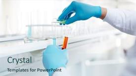  Presentation with chemist - PPT layouts having biochemistry - gloved hands of chemist mixing background and a sky blue colored foreground