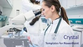  Presentation with lab - Colorful slides enhanced with assistant and veterinarian examining tissue backdrop and a sky blue colored foreground