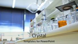  Presentation with beakers - Colorful slides enhanced with laboratory - chemistry lab shallow dof focus backdrop and a mint green colored foreground