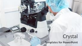  Presentation with biotech - Cool new presentation theme with laboratory - doctor or scientist looking thru backdrop and a light gray colored foreground
