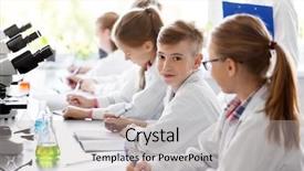  Presentation with education children technology science - Beautiful presentation theme featuring laboratory and writing to workbook backdrop and a light gray colored foreground