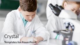  Presentation with children education - Slide deck with laboratory and writing to workbook background and a light gray colored foreground