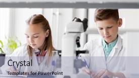  Presentation with children education - Amazing slide set having laboratory and writing to workbook backdrop and a  colored foreground