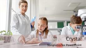  Presentation with education children technology science - Theme with laboratory and writing to workbook background and a coral colored foreground
