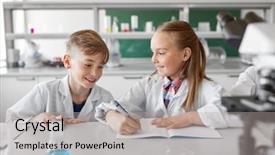 Presentation with education children technology science - Slides having laboratory and writing to workbook background and a light gray colored foreground