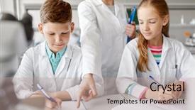 Presentation with children education - PPT layouts with laboratory and writing to workbook background and a coral colored foreground