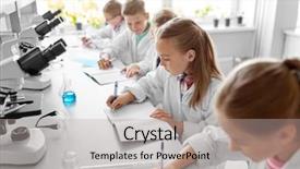  Presentation with children education - Theme having laboratory and writing to workbook background and a light gray colored foreground