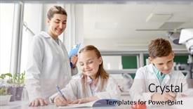  Presentation with children education - Presentation design enhanced with laboratory and writing to workbook background and a coral colored foreground