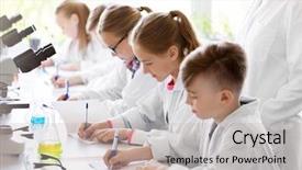  Presentation with education children technology science - Presentation theme consisting of laboratory and writing to workbook background and a light gray colored foreground