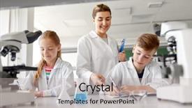  Presentation with children education - Cool new slide set with laboratory and writing to workbook backdrop and a light gray colored foreground